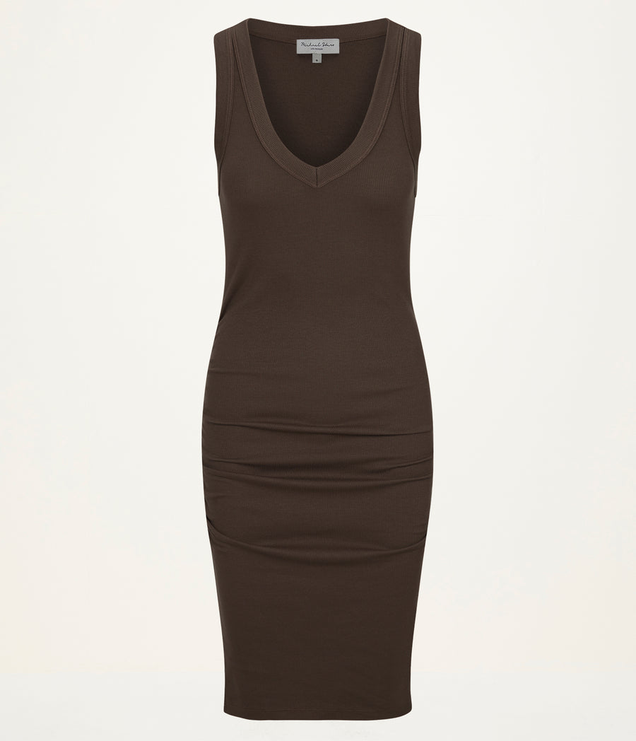 Esme Ribbed Dress in QUICKSAND Brown Close up View #QUICKSAND