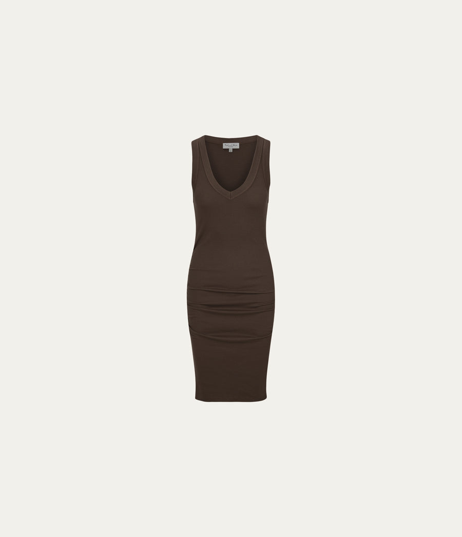 Esme Ribbed Dress in QUICKSAND Brown Close up View #QUICKSAND