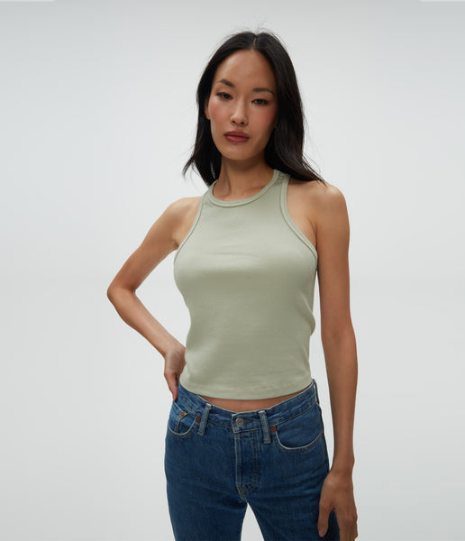 ●PALE JADE● 25SS Curly Knit Logo Halter Tank Pina Ribbed Halter Tank