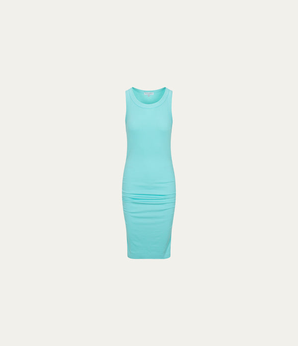 Demi Ribbed Dress  in ARUBA BLUE GREEN Orange Close up View #ARUBA