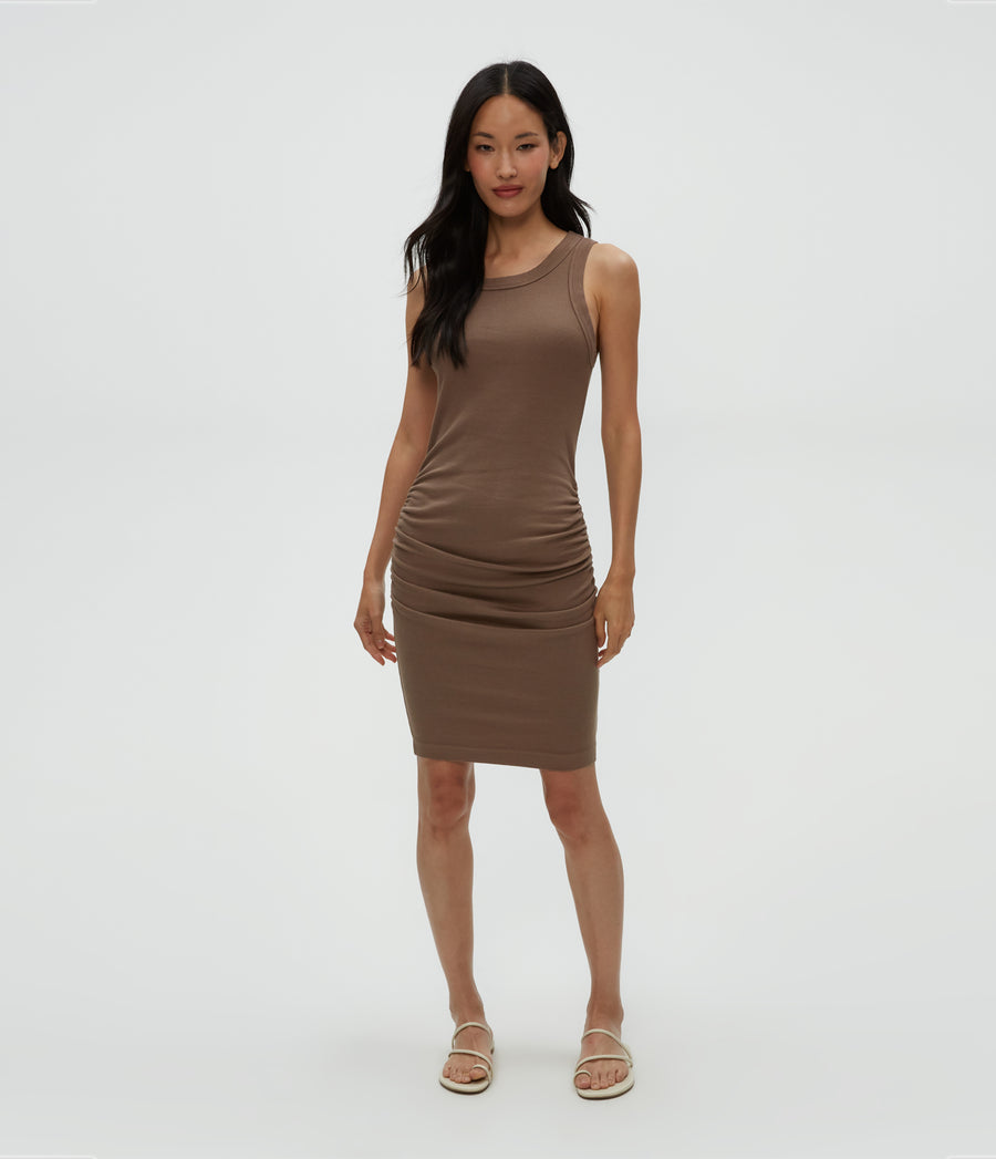 Demi Ribbed Dress in Cobblestone  Full Body View #COBBLESTONE