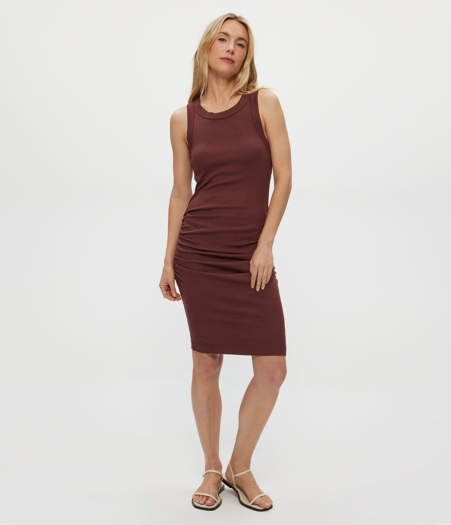 Demi Ribbed Dress in ESPRESSO Brown Full Body View #ESPRESSO