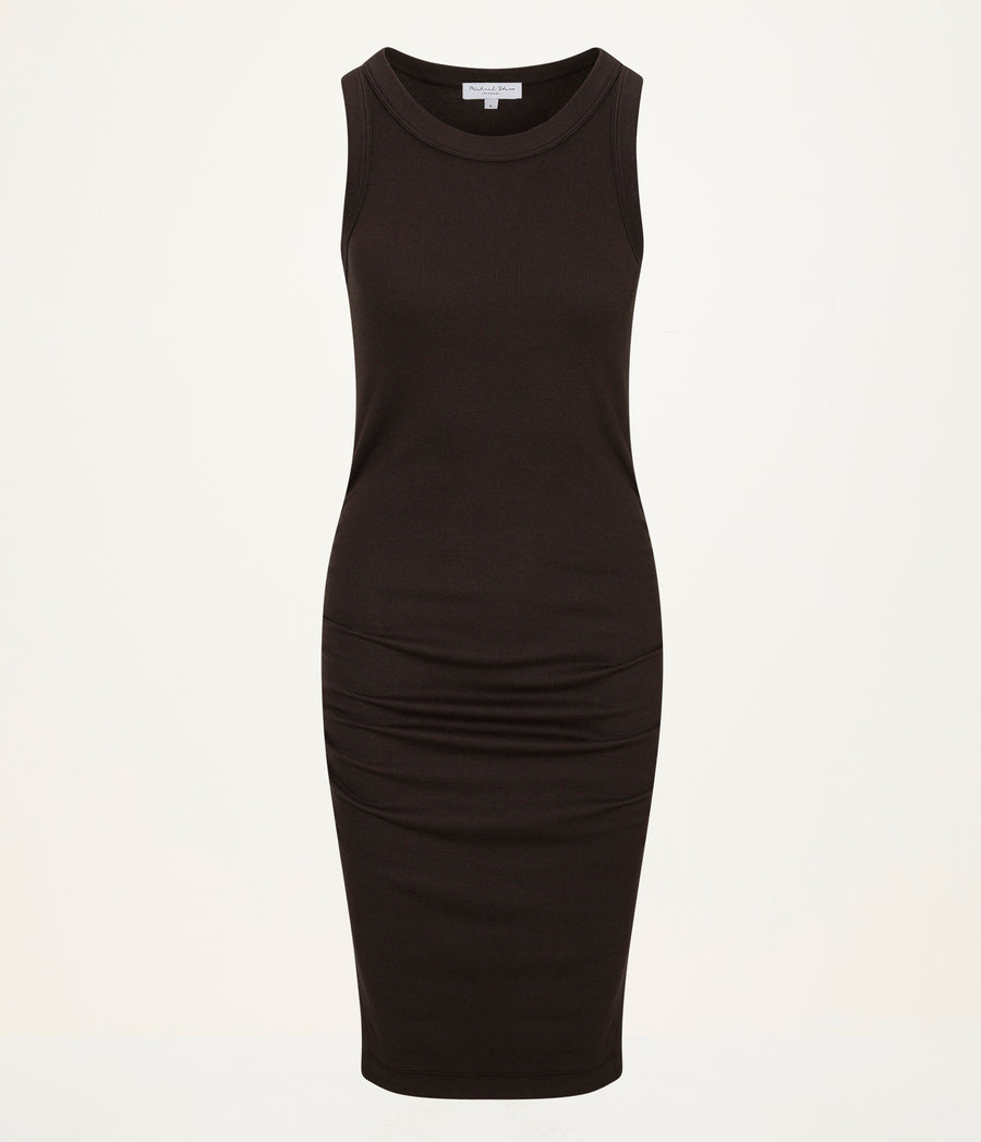 Demi Ribbed Dress in Java Brown Close Up View #JAVA