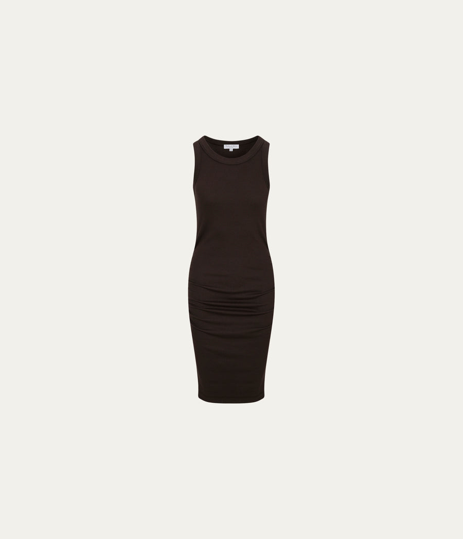Demi Ribbed Dress in Java Brown Close Up View #JAVA