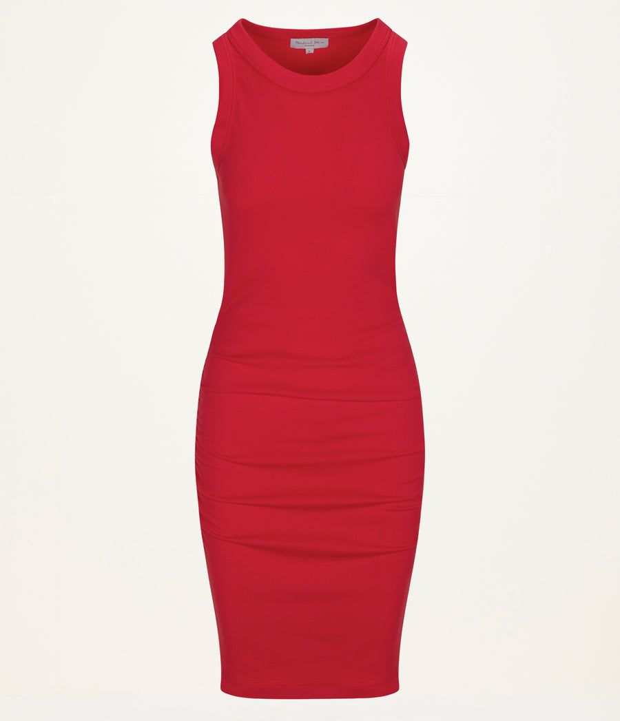 Demi Ribbed Dress  in SAMBA RED Close up View #SAMBA
