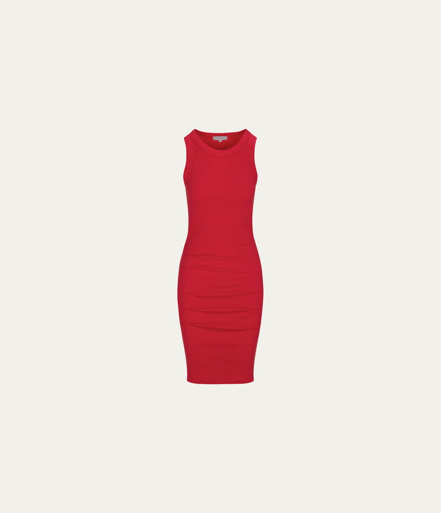 Demi Ribbed Dress  in SAMBA RED Close up View #SAMBA