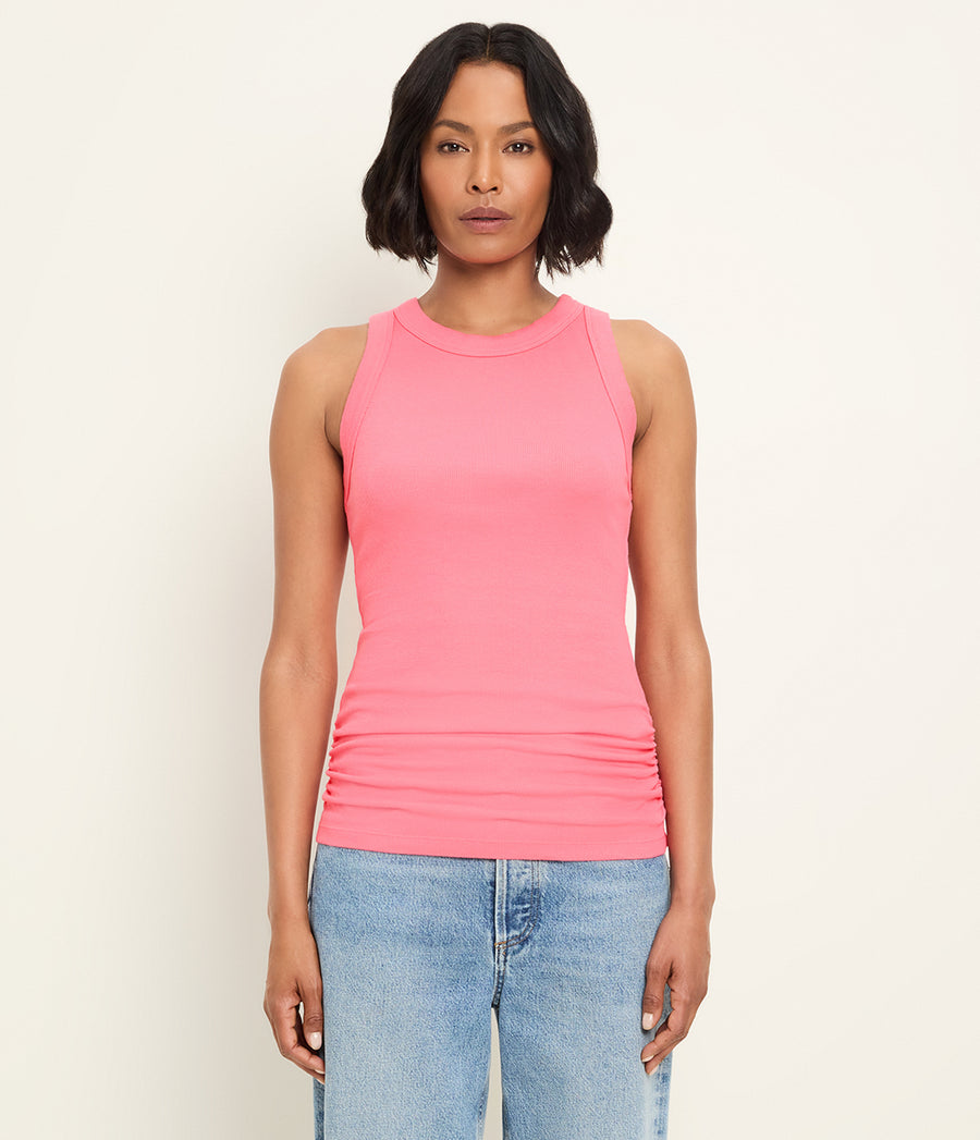 Halley Ribbed Tank with Ruching in DRAGONFRUIT Pink Full Body View #DRAGONFRUIT