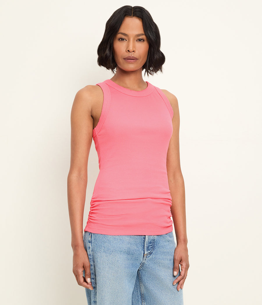 Halley Ribbed Tank with Ruching in DRAGONFRUIT Pink Full Body View #DRAGONFRUIT