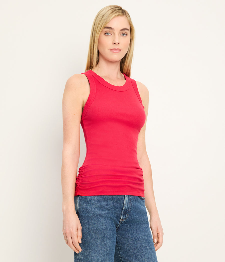 Halley Ribbed Tank with Ruching in LACQUER RED Full Body View #LACQUER