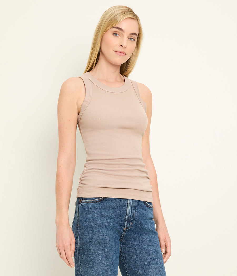 Halley Ribbed Tank with Ruching in  MACADAMIA Beige Full Body View #MACADAMIA