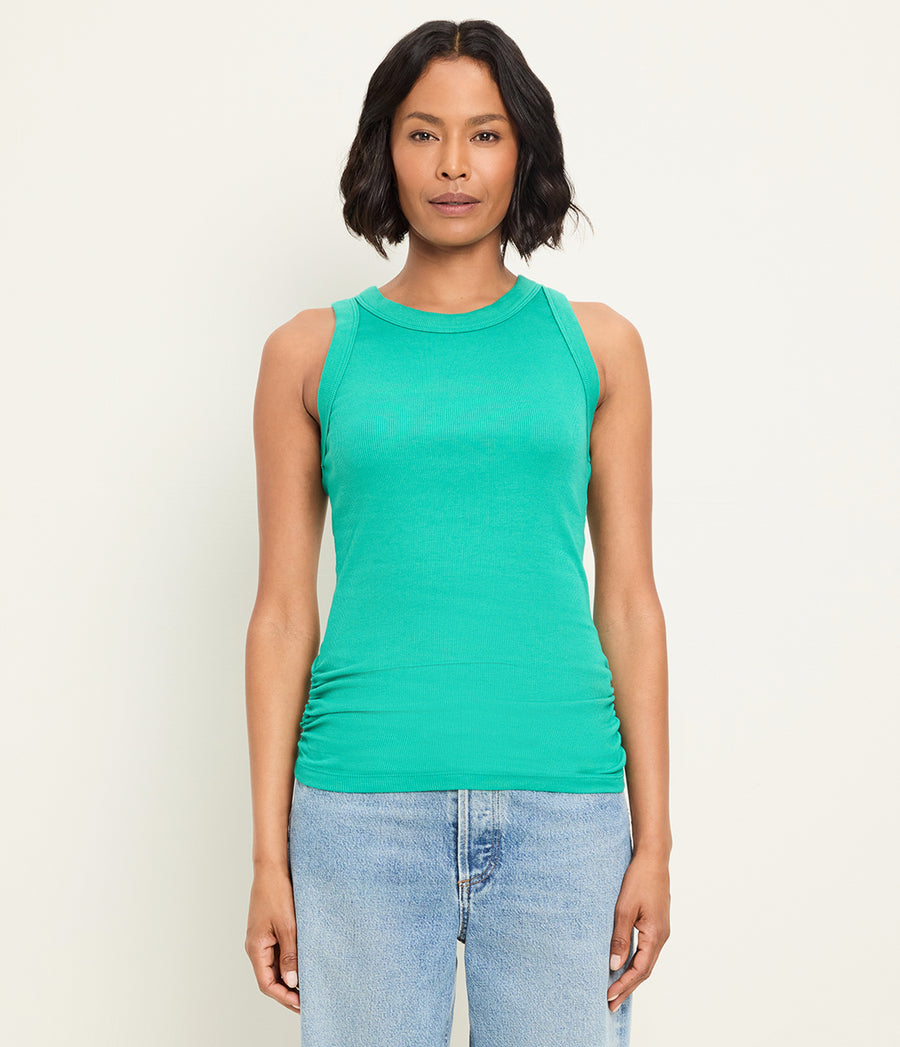 Halley Ribbed Tank with Ruching in MALDIVES Green Full Body View #MALDIVES