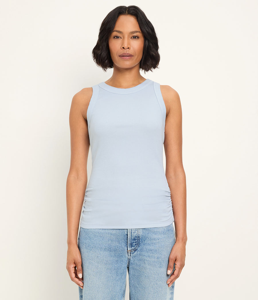 Halley Ribbed Tank with Ruching in SPLASH Blue Full Body View #SPLASH
