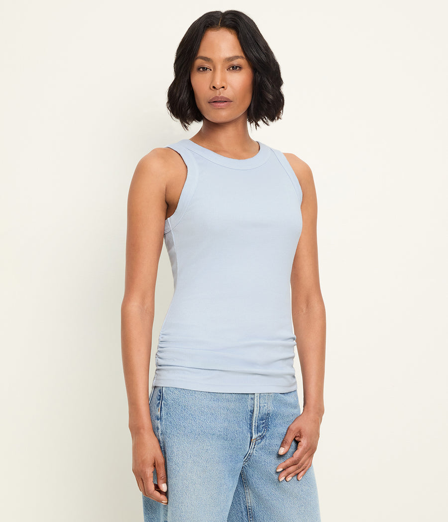 Halley Ribbed Tank with Ruching in SPLASH Blue Side View #SPLASH