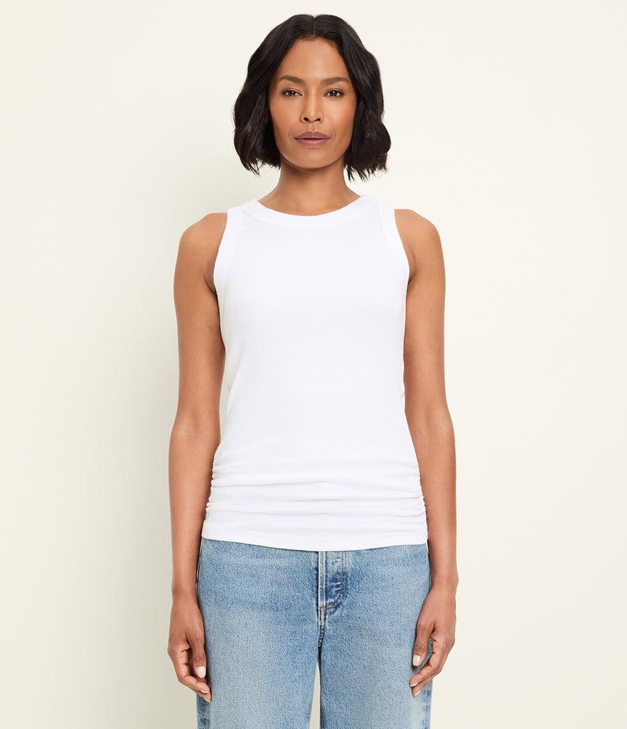 Halley Ribbed Tank with Ruching in White  Full Body View #WHITE