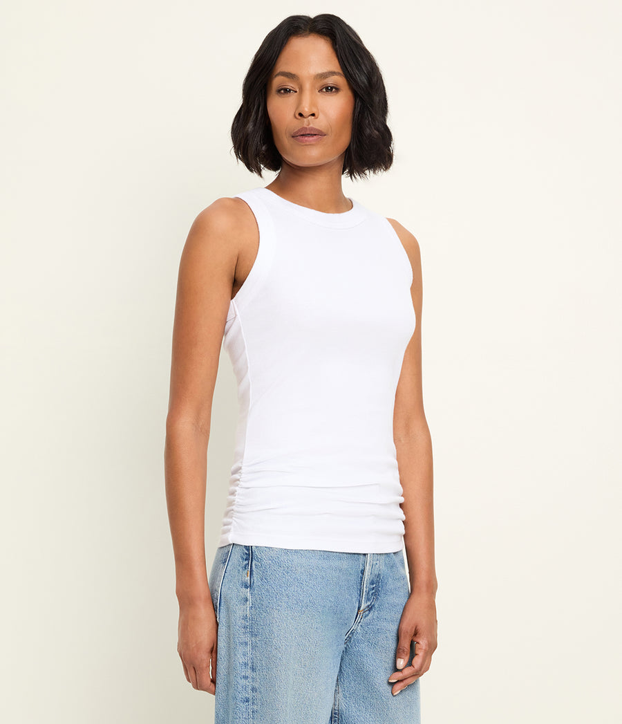 Halley Ribbed Tank with Ruching in White  Close Up View #WHITE