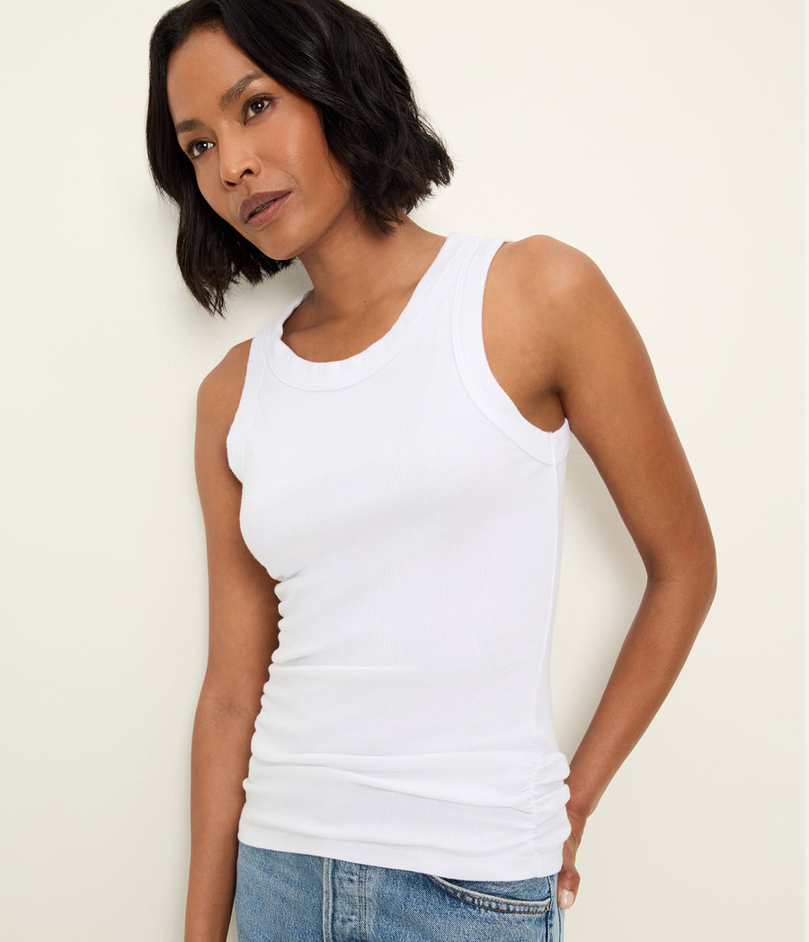 Halley Ribbed Tank with Ruching in White  Close Up View #WHITE