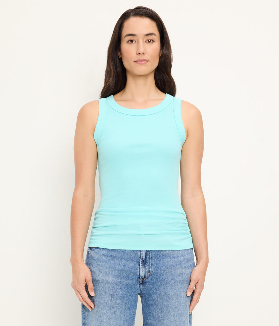 Halley Ribbed Tank with Ruching in ARUBA BLUE GREEN Full Body View #ARUBA