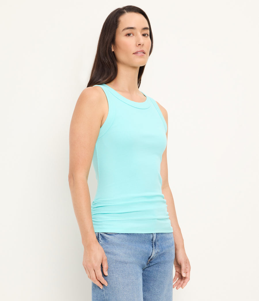 Halley Ribbed Tank with Ruching in ARUBA BLUE GREEN Side View #ARUBA