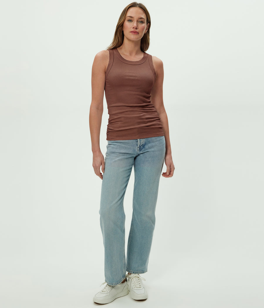 Halley Ribbed Tank with Ruching in BARK BROWN Full Body View #BARK