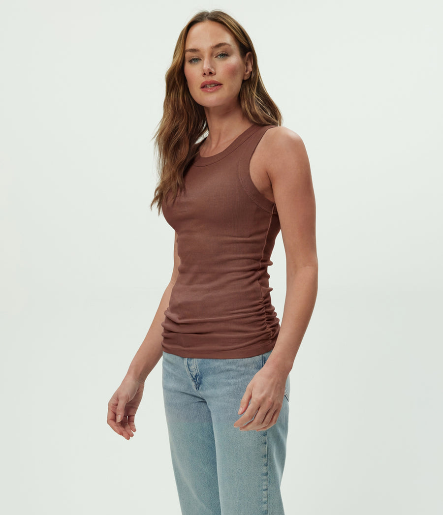 Halley Ribbed Tank with Ruching in Bark Brown Side View #BARK