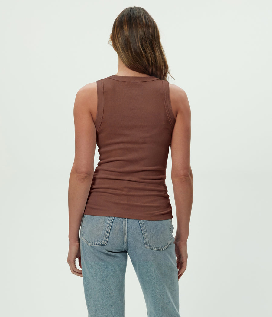 Halley Ribbed Tank with Ruching in Bark Browm Back View #BARK