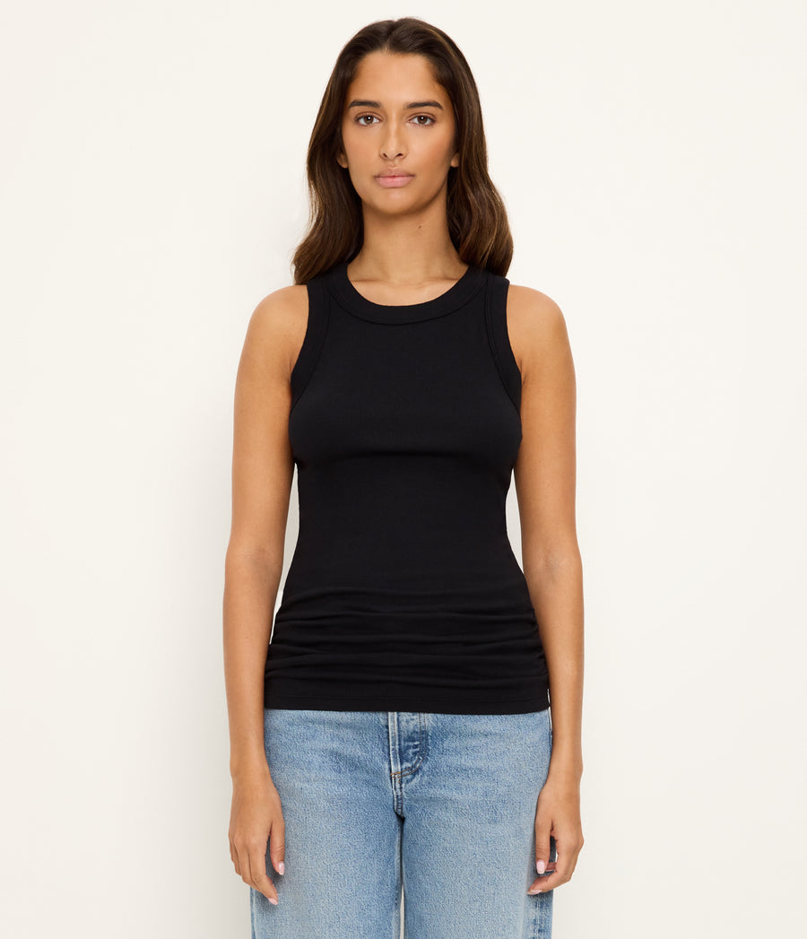 Halley Ribbed Tank with Ruching in Black Full Body View #BLACK