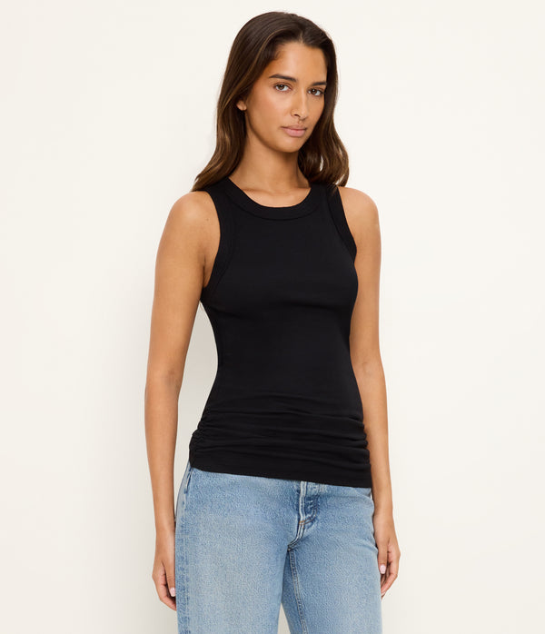 Halley Ribbed Tank with Ruching in Black Side View #BLACK