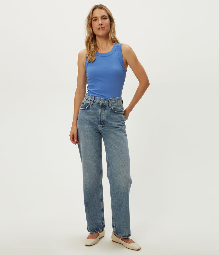 Halley Ribbed Tank with Ruching in BABY BLUE Blue Full Body View #BLUE RIBBON