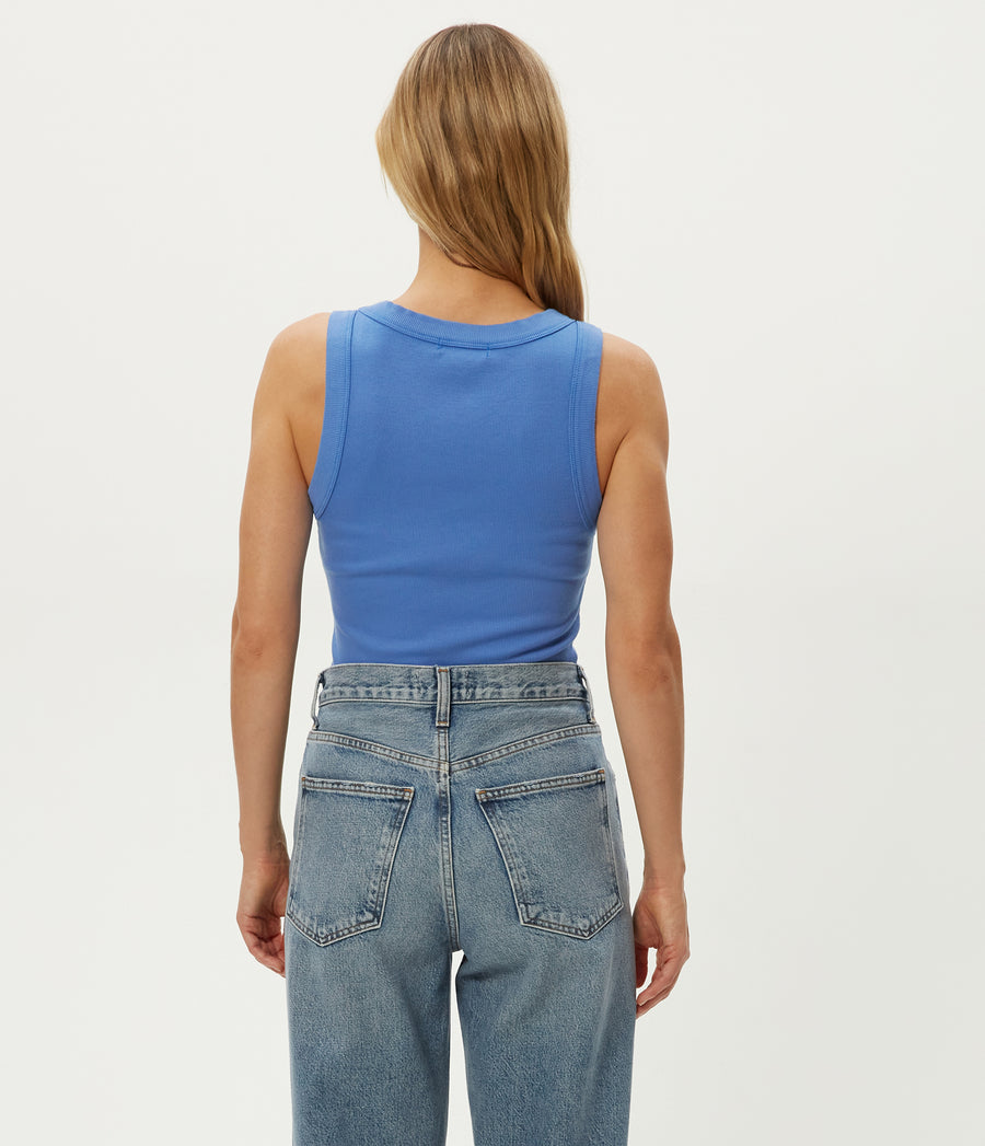 Halley Ribbed Tank with Ruching in BABY BLUE Blue Back View #BLUE RIBBON