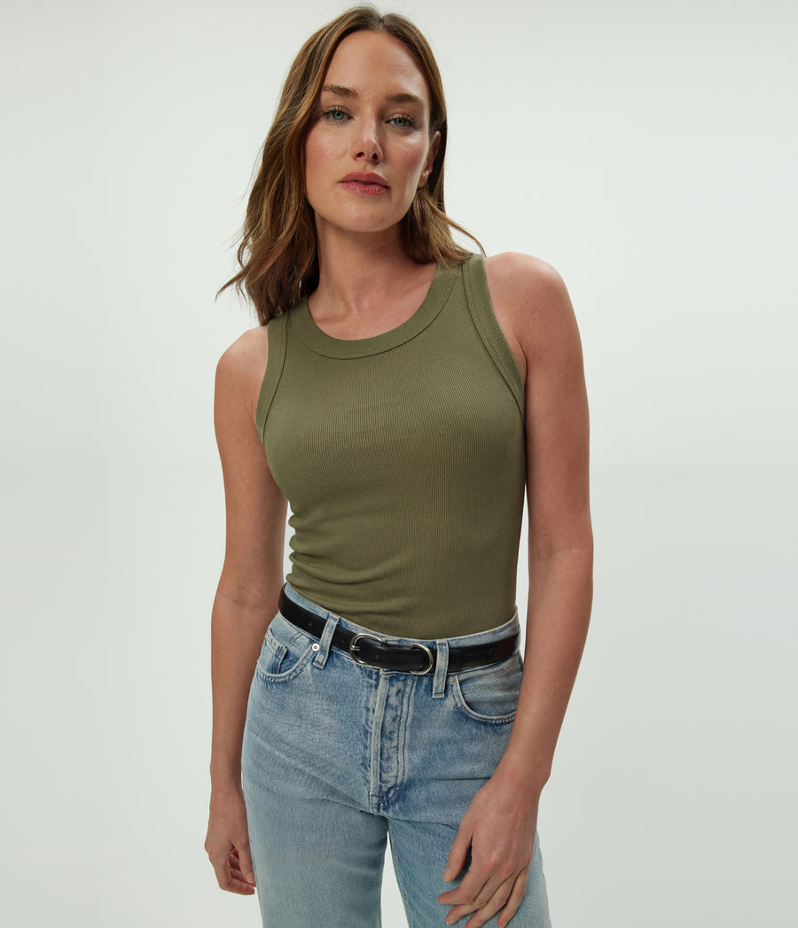 Halley Ribbed Tank with Ruching in CAPER Green Close up View #CAPER