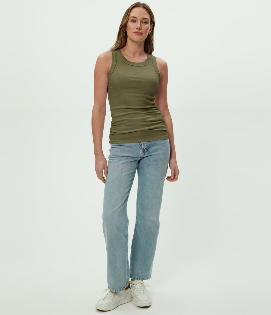 Halley Ribbed Tank with Ruching in CAPER Green Full Body View #CAPER