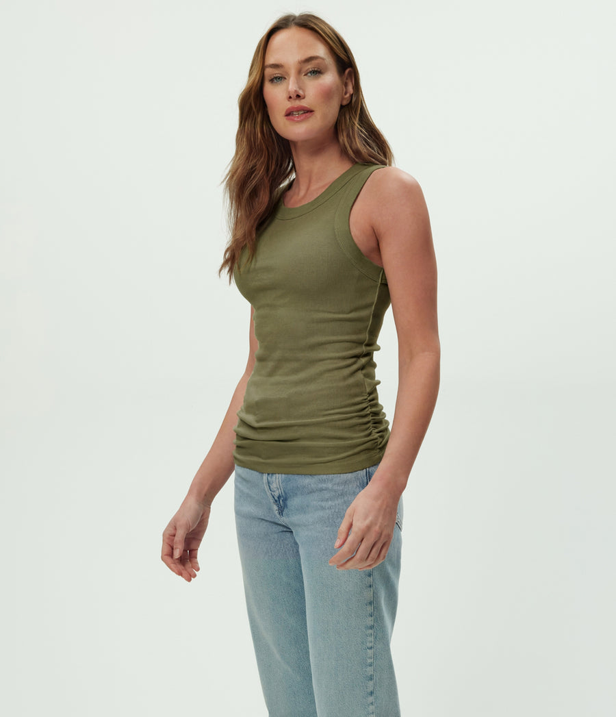 Halley Ribbed Tank with Ruching in CAPER  Green Side View #CAPER