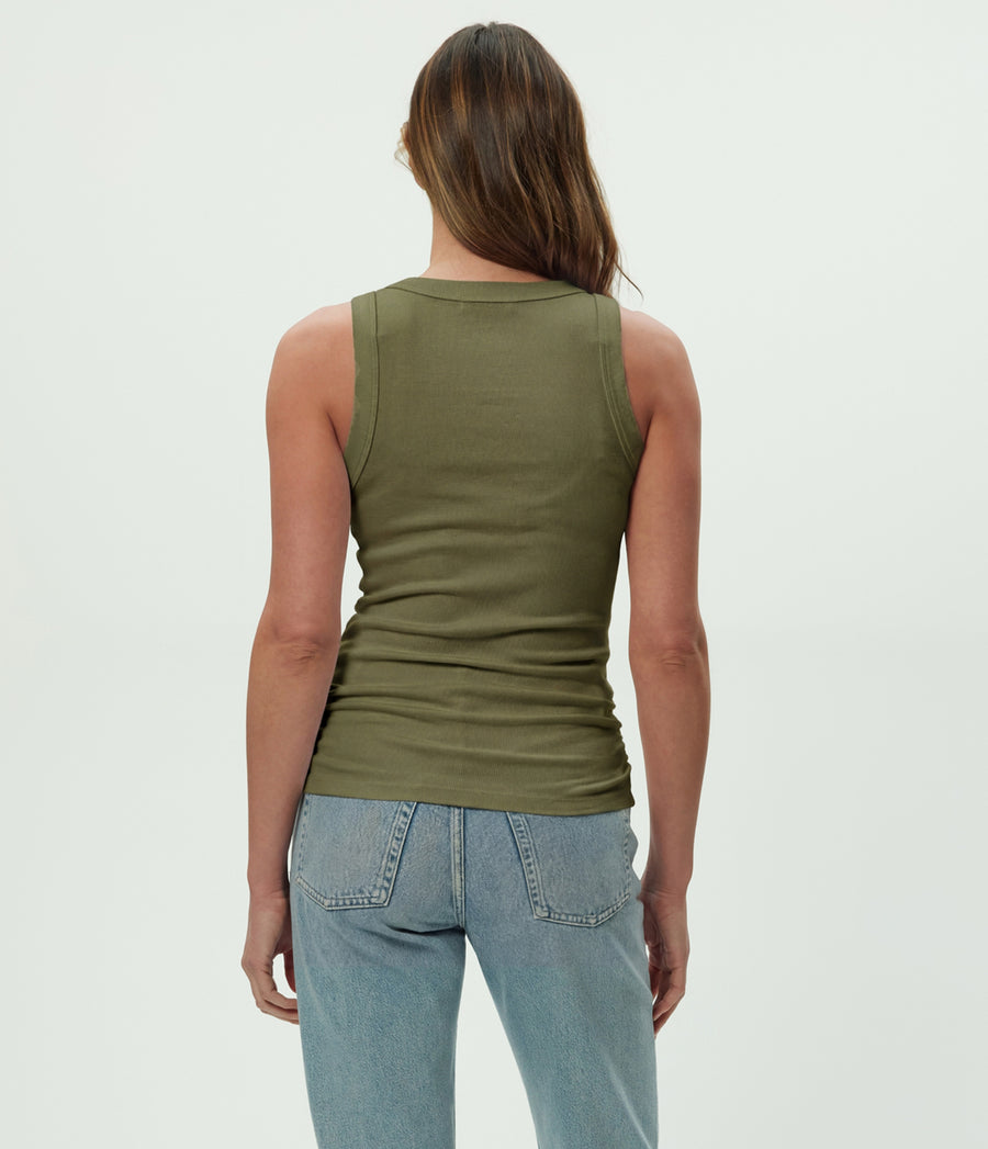 Halley Ribbed Tank with Ruching in CAPER Green Back View #CAPER