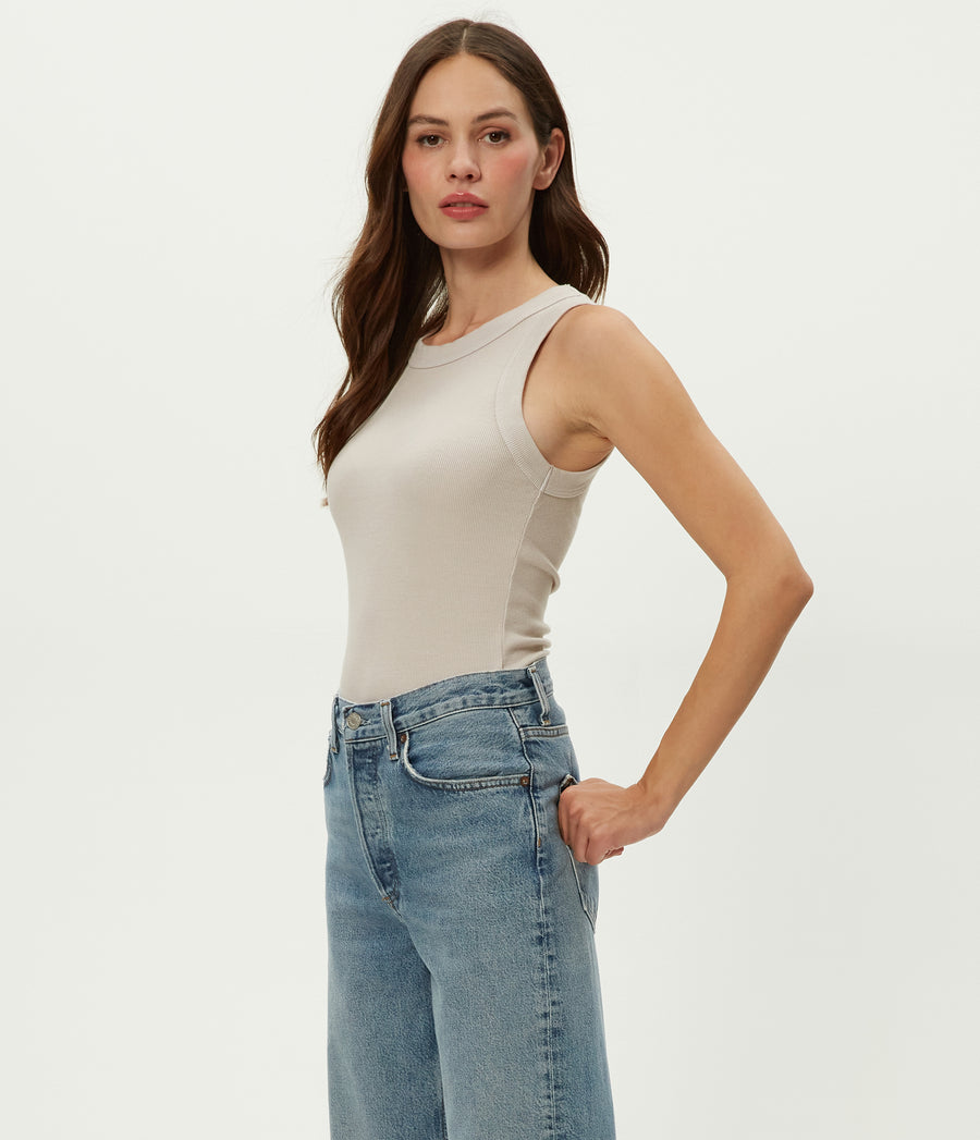 Halley Ribbed Tank with Ruching in Cement Beige Side View #CEMENT
