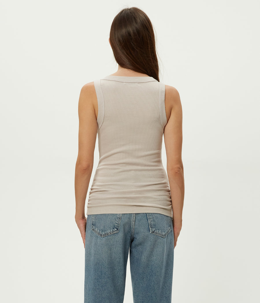 Halley Ribbed Tank with Ruching in Cement Beige Back View #CEMENT