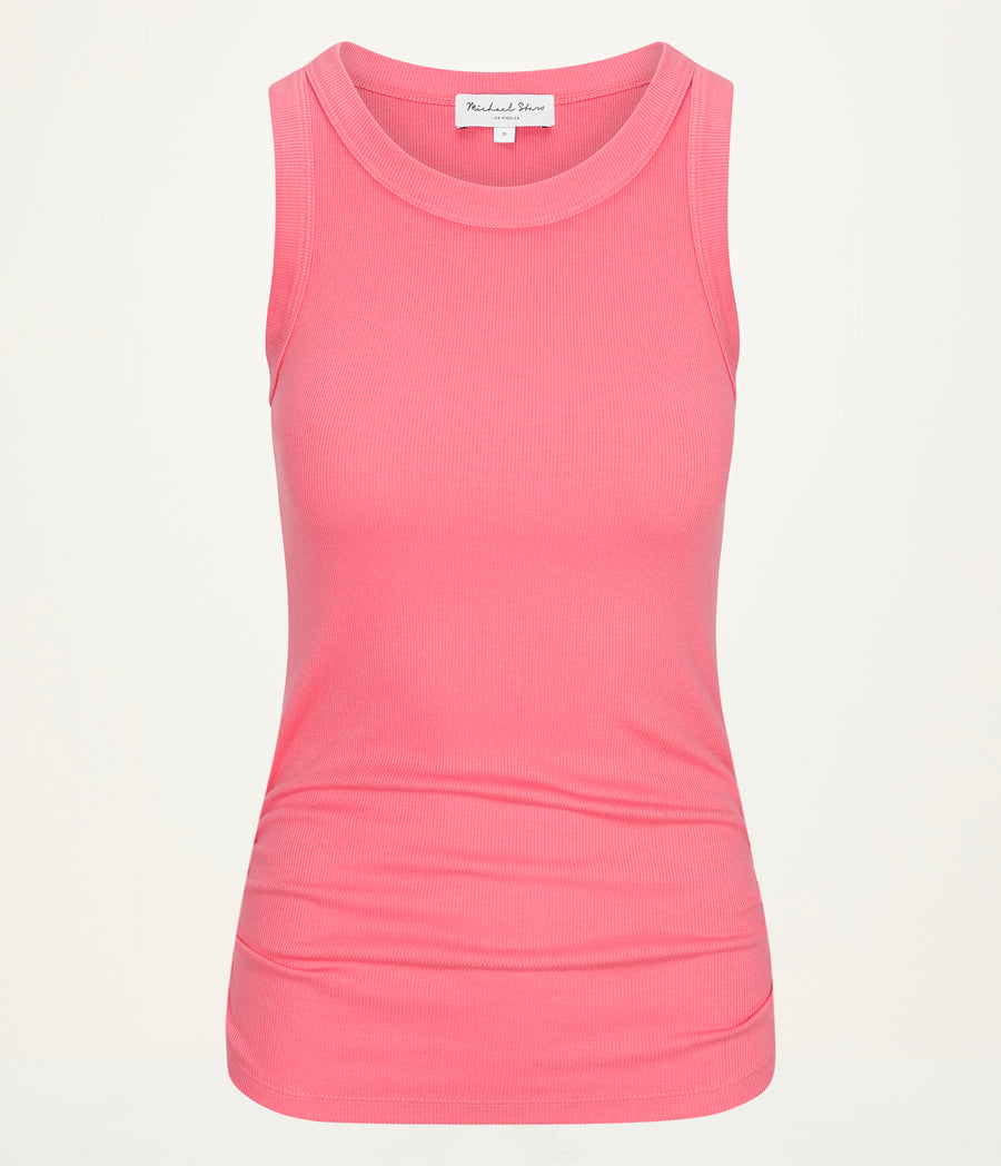 Halley Ribbed Tank with Ruching in CORAL SHERBET PINK Close up View #CORAL SHERBET