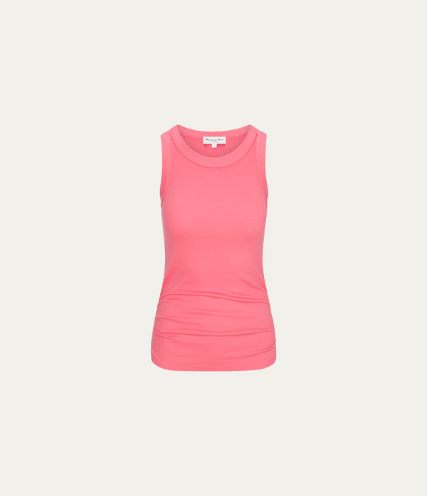Halley Ribbed Tank with Ruching in CORAL SHERBET PINK Close up View #CORAL SHERBET