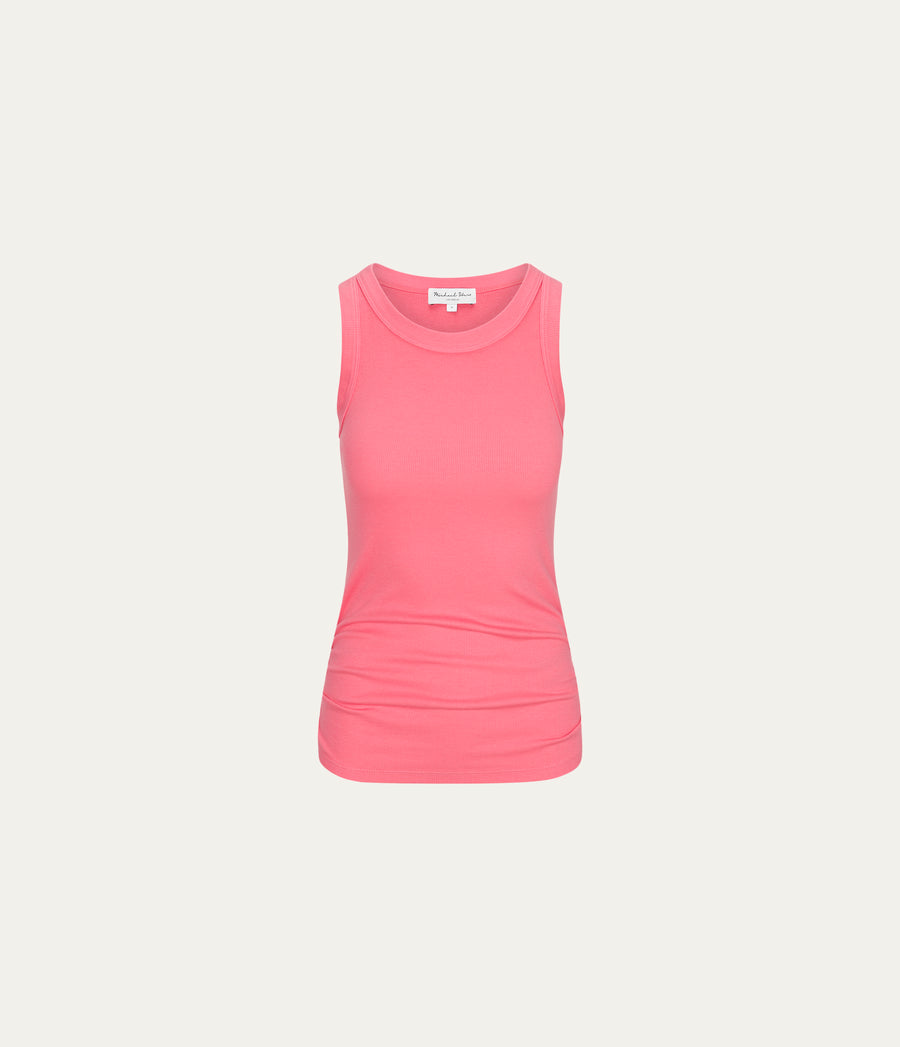 Halley Ribbed Tank with Ruching in CORAL SHERBET PINK Close up View #CORAL SHERBET
