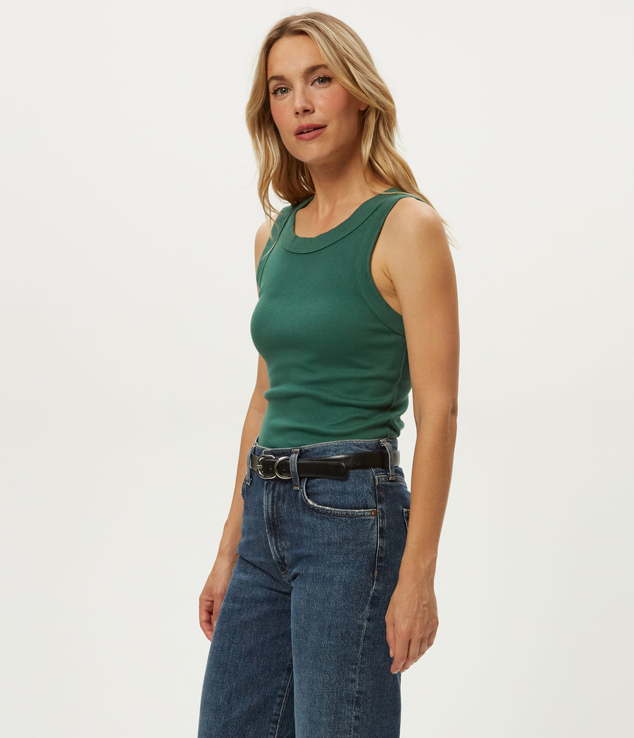 Halley Ribbed Tank with Ruching in Emerald GREEN Full Body View #EMERALD