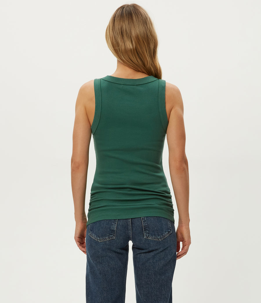 Halley Ribbed Tank with Ruching in Emerald GREEN Back View #EMERALD