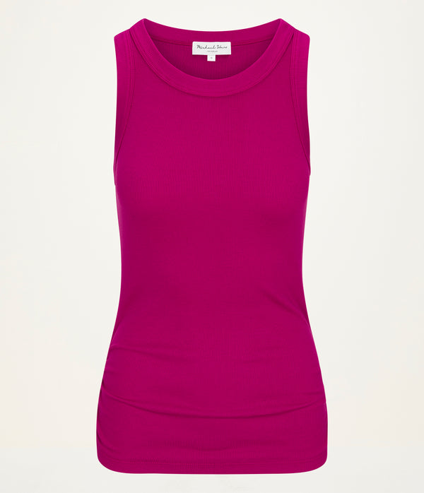 Halley Ribbed Tank with Ruching in FRENCH ROSE RED Close Up View  #FRENCH ROSE