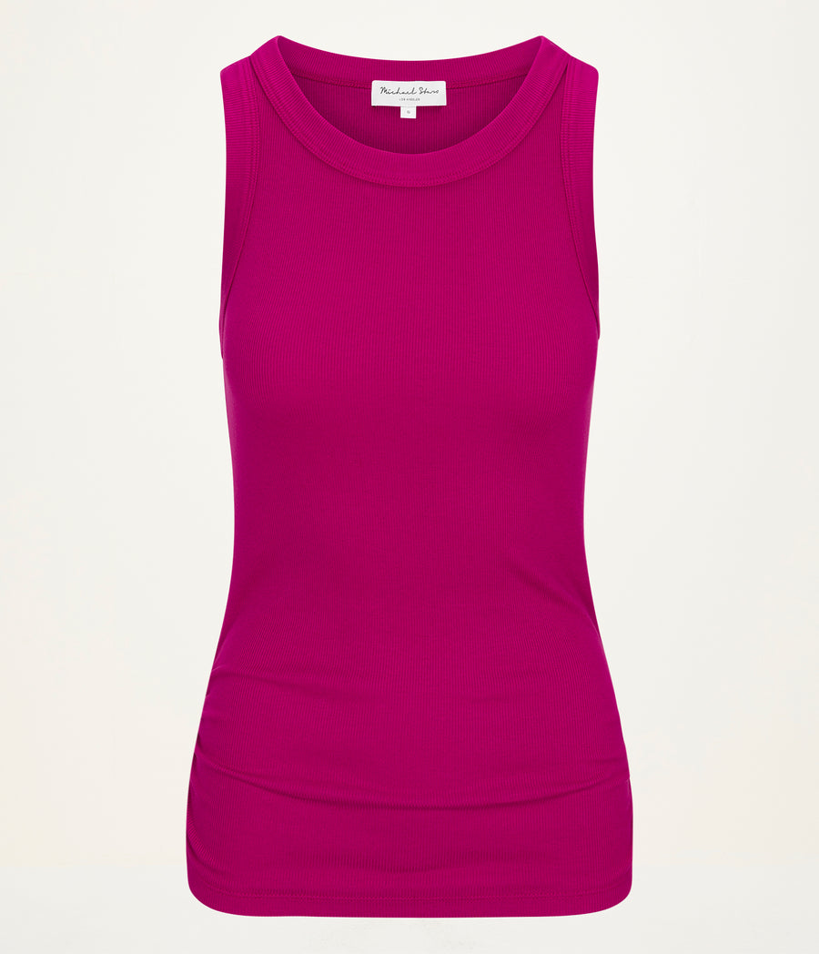 Halley Ribbed Tank with Ruching in FRENCH ROSE RED Close Up View  #FRENCH ROSE