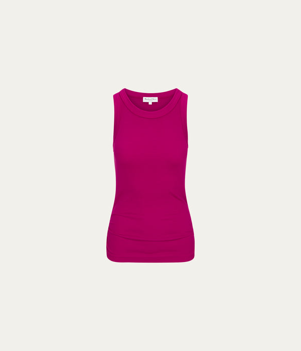 Halley Ribbed Tank with Ruching in FRENCH ROSE RED Close Up View  #FRENCH ROSE