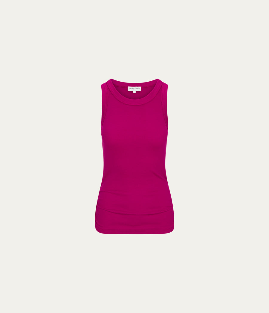 Halley Ribbed Tank with Ruching in FRENCH ROSE RED Close Up View  #FRENCH ROSE
