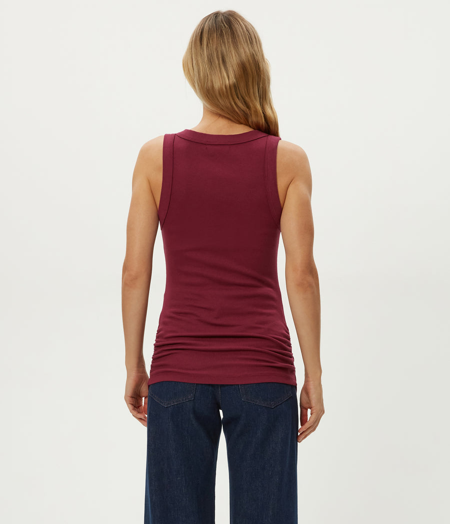 Halley Ribbed Tank with Ruching in Garnet Red Back View #GARNET