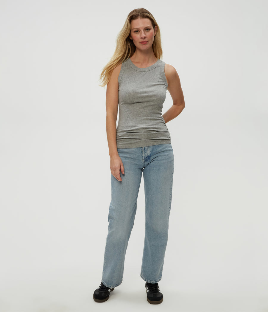 Halley Ribbed Tank with Ruching in Heather Grey Grey Full Body View #HEATHER GREY