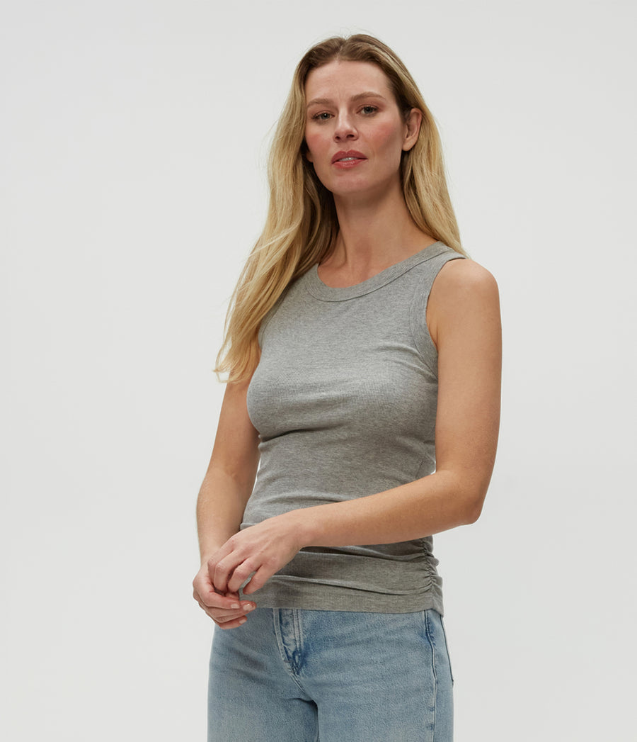 Halley Ribbed Tank with Ruching in Heather Grey Grey Side View #HEATHER GREY