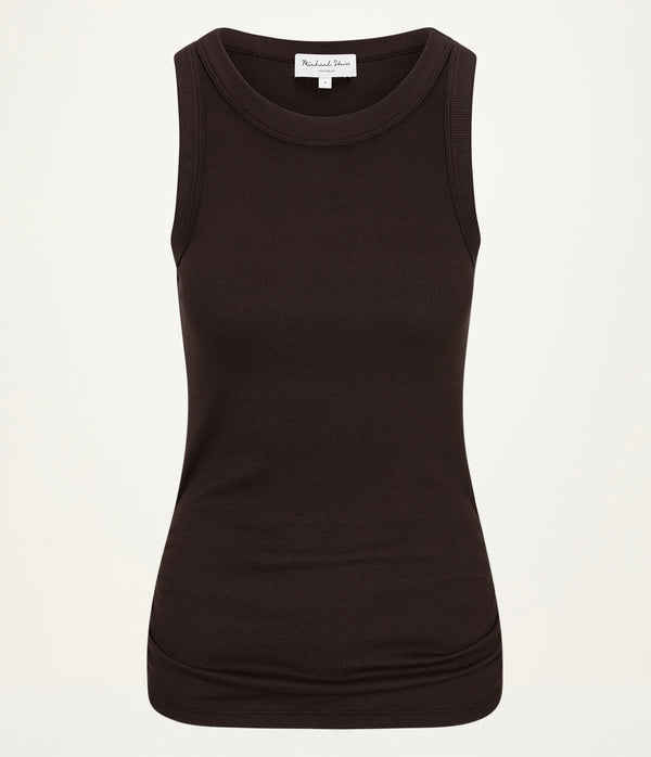 Halley Ribbed Tank with Ruching in Java Brown Close Up View#JAVA