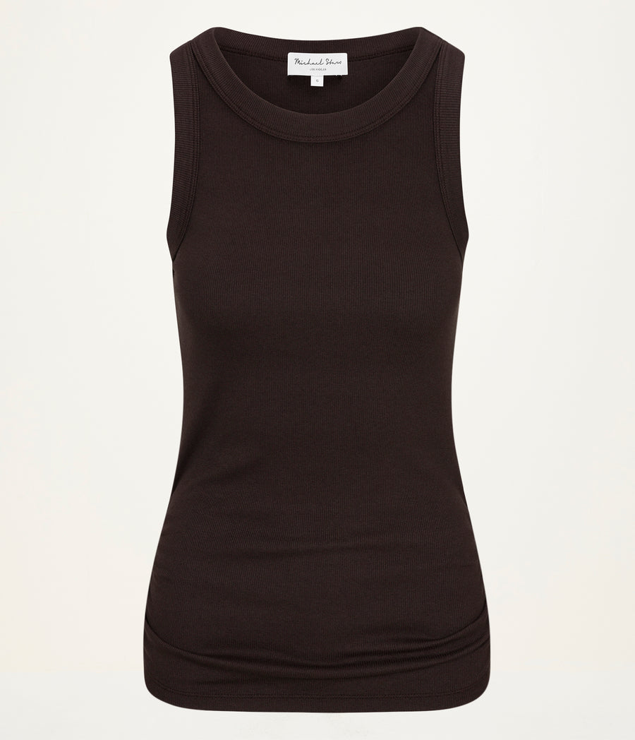 Halley Ribbed Tank with Ruching in Java Brown Close Up View#JAVA
