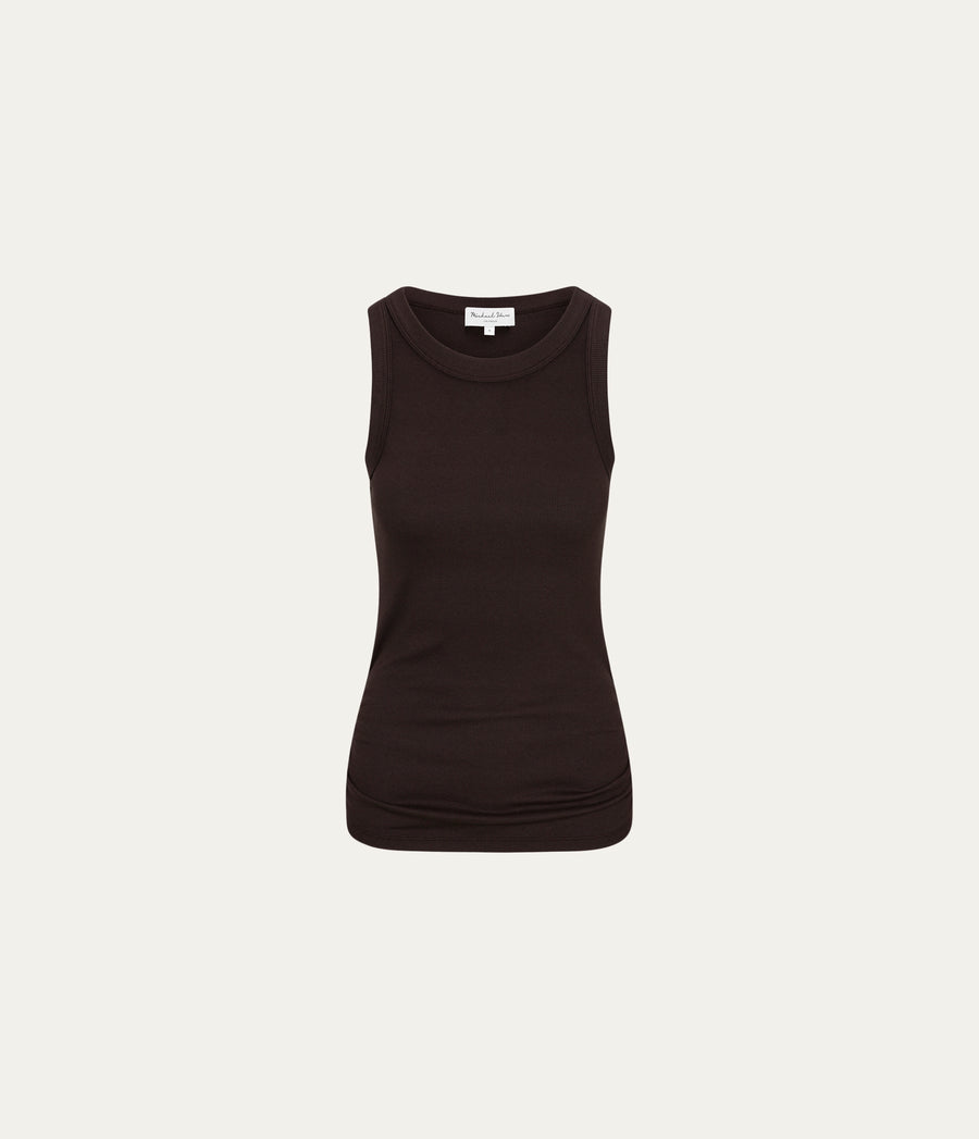 Halley Ribbed Tank with Ruching in Java Brown Close Up View#JAVA